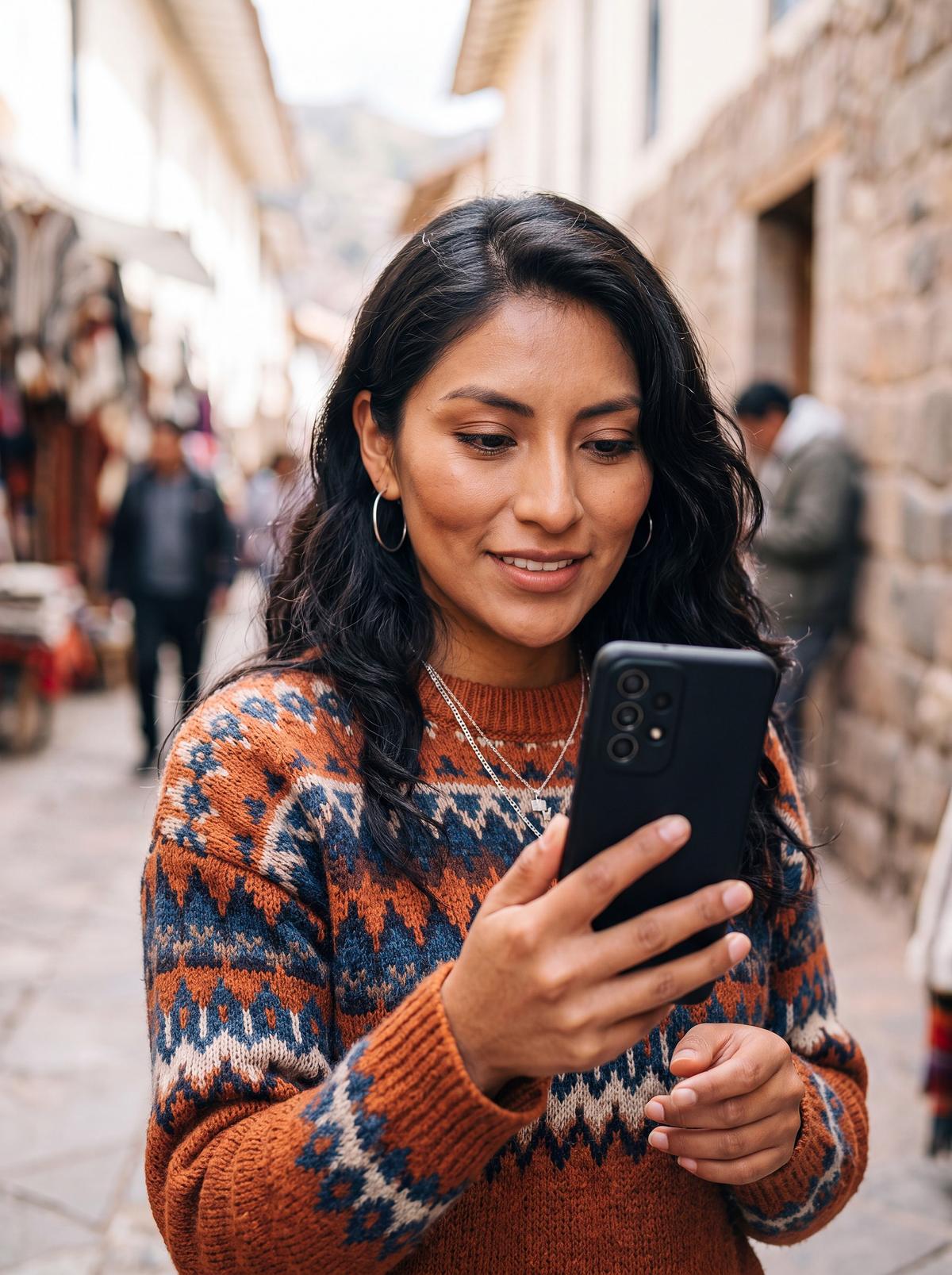 Joven revisando el tipo de cambio en su celular en la calle
